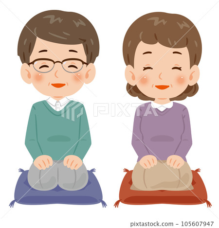 Smiling middle-aged and elderly men and women sitting on cushions 1 105607947