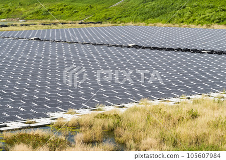 View of the floating Solar power system on the flood detention basin in Kaohsiung, Taiwan. 105607984