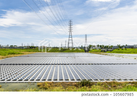 View of the floating Solar power system on the flood detention basin in Kaohsiung, Taiwan. 105607985