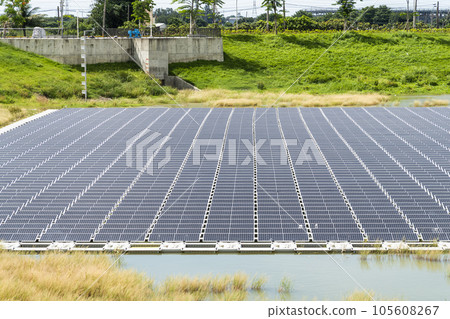 View of the floating Solar power system on the flood detention basin in Kaohsiung, Taiwan. View of the floating Solar power system on the flood detention basin in Kaohsiung, Taiwan. 105608267