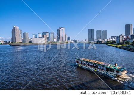 Tokyo cityscape in Japan View of Toyosu and Yakatabune from Aioi Bridge 105608355