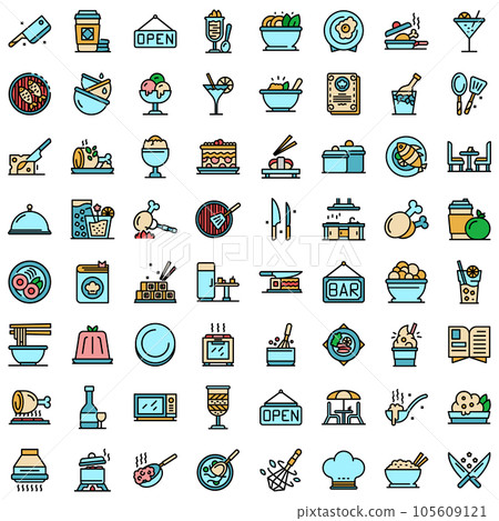 Restaurant icons set. Outline set of restaurant vector icons thin line color flat on white Restaurant icons set. Outline set of restaurant vector icons thin line color flat on white 105609121