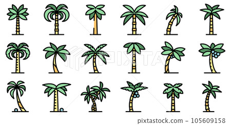 Palm icons set. Outline set of palm vector icons thin line color flat on white 105609158