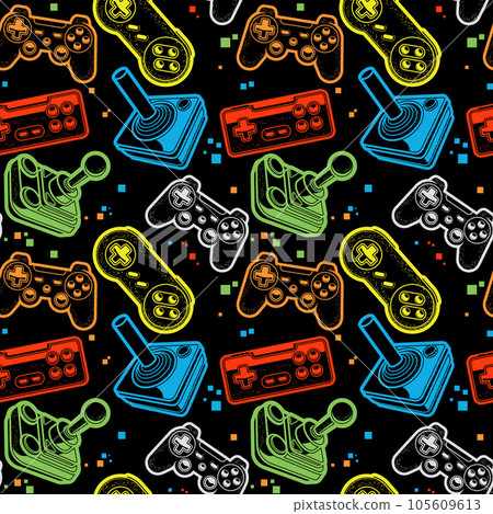 Seamless bright pattern with joysticks, motley gamepads seamless pattern, console gaming print, vector 105609613