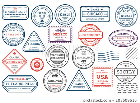 International travel visa stamps, arrival and departure passport rubber stamp, journey prints, vector International travel visa stamps, arrival and departure passport rubber stamp, journey prints, vector 105609616