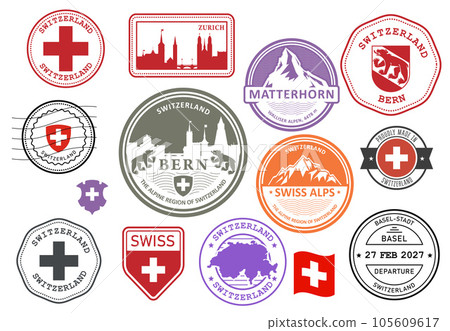 Switzerland and Alps rubber stamp set, swiss cities badges, labels and symbols, emblems and flags, vector Switzerland and Alps rubber stamp set, swiss cities badges, labels and symbols, emblems and flags, vector 105609617
