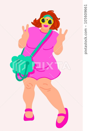 Cheerful plump girl in pink dress showing victoria sign with her fingers. Vector isolated illustration. Cheerful plump girl in pink dress showing victoria sign with her fingers. Vector isolated illustration. 105609661