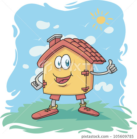 House Cartoon Character on sky background 105609785