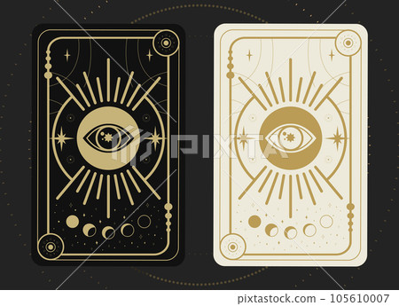 Tarot card concept set in black and white colors. Moon, stars and magical eye symbols. Tarot symbolism. Mystery, astrology, esoteric. Vector illustration 105610007