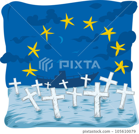 Immigrants drowned in the Mediterranean to go to Europe. vector background 105610079