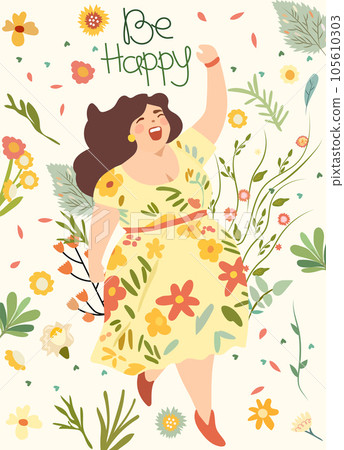 Joyful plump ladies, females in sundresses dancing, flowers around, enjoying life. Embodying no diet day, body love, self acceptance despite extra weight, female freedom, weight positivity. Vector 105610303