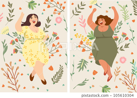 Joyful plump ladies, females in sundresses dancing, flowers around, savoring life. Embodying no diet day, body positivity, women day, summer vibe, acceptance of extra weight. Vacation mood. Vector 105610304