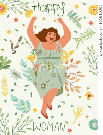 Joyful plump ladies, females in sundresses dancing, flowers around, savoring life. Embodying no diet day, body positivity, women day, summer vibe, acceptance of extra weight. Vacation mood. Vector 105610305