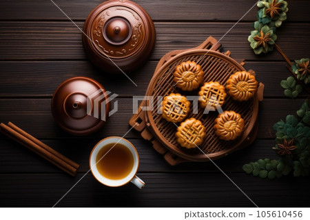 Top view of traditional moon cakes, tea pot and cups on table Top view of traditional moon cakes, tea pot and cups on table 105610456