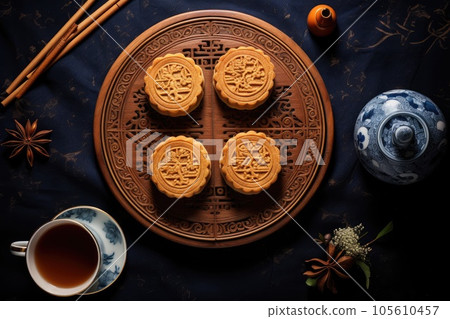 Top view of traditional moon cakes, tea pot and cups on table 105610457