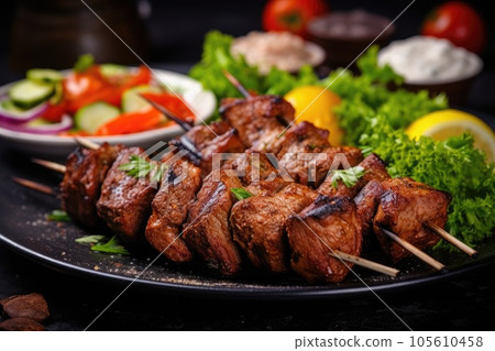 Traditional Kebab. Juicy pork skewers with vegetables on a plate. Traditional Kebab. Juicy pork skewers with vegetables on a plate. 105610458