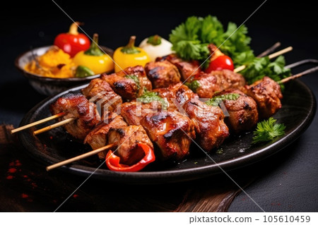 Traditional Kebab. Juicy pork skewers with vegetables on a plate. 105610459