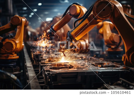 Welding robot arms weld the steel product, modern industrial production. 105610461