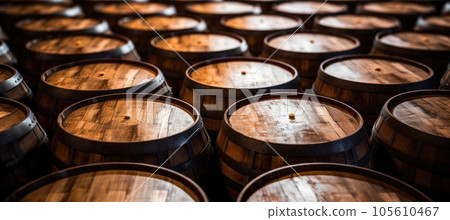 Wooden oak Port barrels in neat rows 105610467