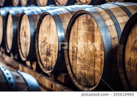 Wooden oak Port barrels in neat rows Wooden oak Port barrels in neat rows 105610469