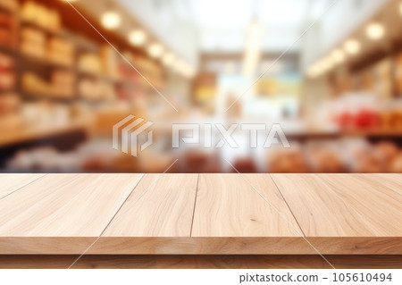 Wooden table top on blurred supermarket background Wooden table top on blurred supermarket background 105610494