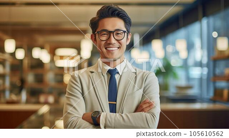 經理、商人、在辦公室戴眼鏡微笑的亞洲商人（生成人工智能） 105610562
