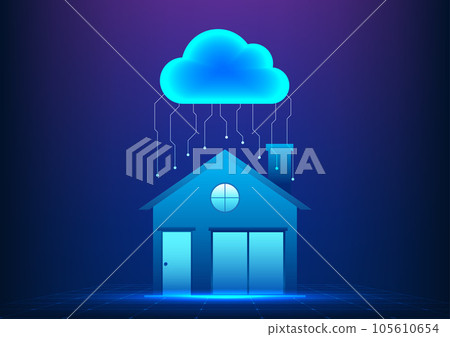Cloud technology Clouds hover above the house with interconnected circuit boards. Refers to the technology for storing and sending data through the Internet that can be used at home and at work. 105610654
