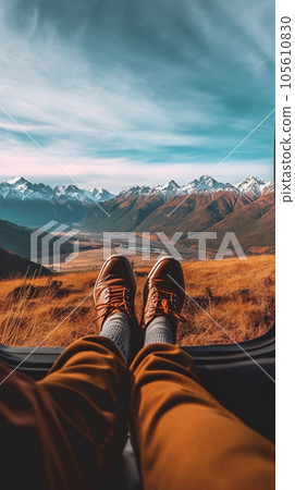 Feet on the Dashboard of a Car with a Mountain View (AI Generated) 105610830