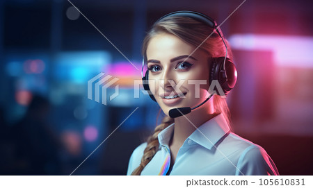 Female call center operator smiling, wearing a headset in a dark room with colorful lights, AI Generated 105610831