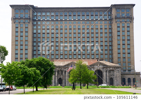 DETROIT, MICHIGAN, UNITED STATES - MAY 5th 2018: A view of the old Michigan Central Station building in Detroit which served as a major railway depot from 1914 - 1988 DETROIT, MICHIGAN, UNITED STATES - MAY 5th 2018: A view of the old Michigan Central Station building in Detroit which served as a major railway depot from 1914 - 1988 105611146