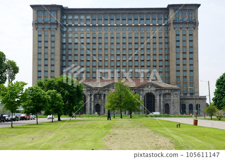 DETROIT, MICHIGAN, UNITED STATES - MAY 5th 2018: A view of the old Michigan Central Station building in Detroit which served as a major railway depot from 1914 - 1988 105611147