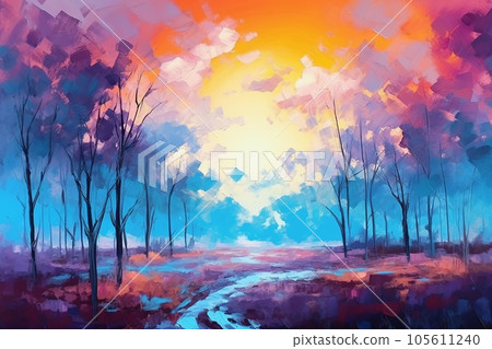 Forest in autumn at sunset time, abstract oil painting style, Generative AI 105611240