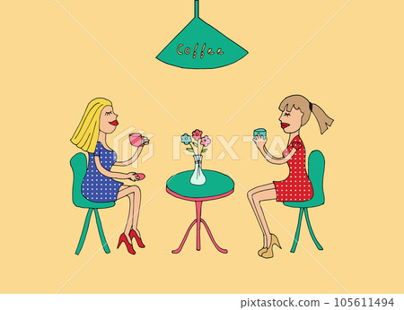 Two women drinking coffee. Hand-drawn flat illustration 105611494
