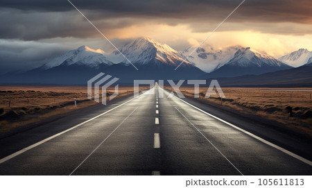 Road through the scenic landscape to the destination, A long straight road path journey towards mountains. Generative ai. 105611813