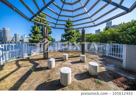 Tokyo cityscape in Japan View of Koto Ward's "Nakanoshima Park" at the base of Aioi Bridge (Toyosu in the back left of the screen) 105612483