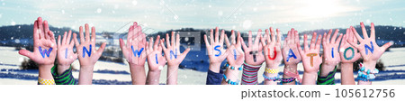 Children Hands Building Word Win Win Situation, Winter Background. 105612756