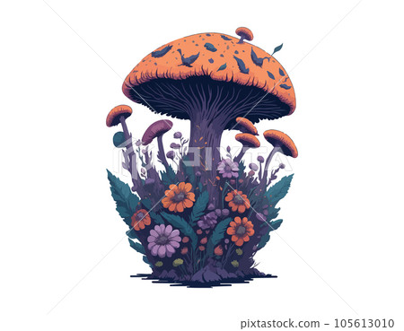 Vector Celestial Mystical boho mushrooms, magic mushroom. Fly agaric fabulous with flowers for printing on T-shirts. Vector Celestial Mystical boho mushrooms, magic mushroom. Fly agaric fabulous with flowers for printing on T-shirts. 105613010