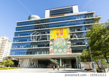 Low angle view of Kaohsiung Main Public Library in Taiwan. 105613211