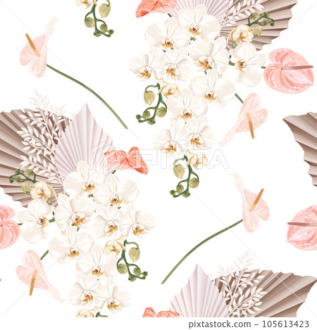 Floral seamless pattern with white orchid flowers, anthurium, palm leaves and dry plants in boho style. Floral seamless pattern with white orchid flowers, anthurium, palm leaves and dry plants in boho style. 105613423