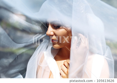 A beautiful portrait of the bride under a veil. Elegant woman with professional make up and hair style. A beautiful portrait of the bride under a veil. Elegant woman with professional make up and hair style. 105613626