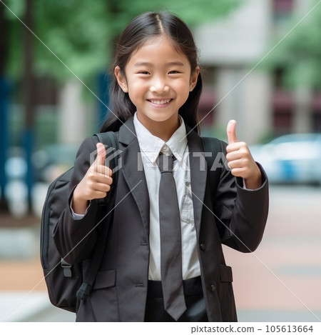 Happy little asian school girl smiling in city with thumbs up. Portrait of a happy young chinese  schoolgirl with backpack standing on city street and looking to camera with a smile. Cheerful pupil 105613664