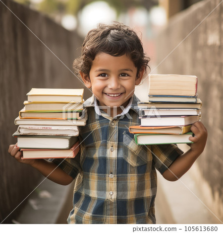 Happy school-age boy holds two stacks of books in his hands on the street. Children knowledge, education concept. Rustic Indian boy carries large stacks of books in his hands with a smile. Happy school-age boy holds two stacks of books in his hands on the street. Children knowledge, education concept. Rustic Indian boy carries large stacks of books in his hands with a smile. 105613680