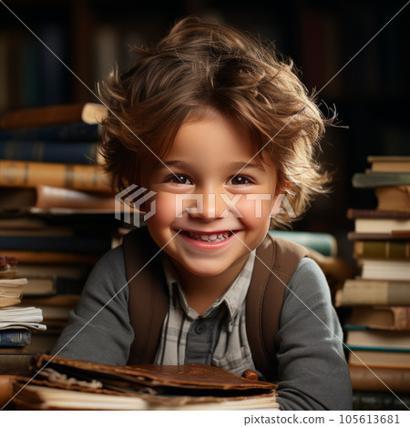 Portrait of smiling schoolboy sitting at table at home with books. Happy smart preschool  boy studying at home, many books on background. Study and  education concept. 105613681