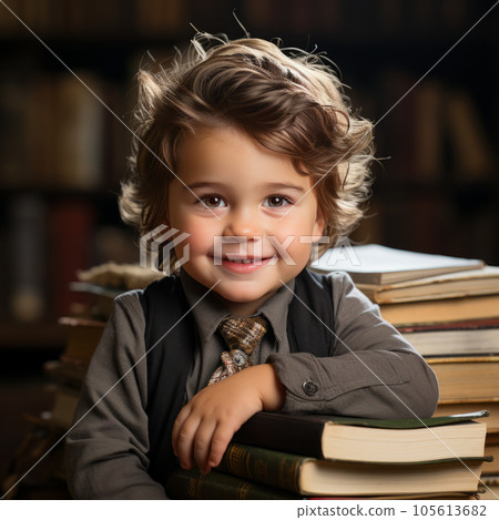 Portrait of smiling schoolboy sitting at table at home with books. Happy smart preschool boy studying at home, many books on background. Study and education concept. Portrait of smiling schoolboy sitting at table at home with books. Happy smart preschool boy studying at home, many books on background. Study and education concept. 105613682