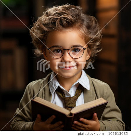Happy boy holds a big book in hands  at home. Portrait of happy schoolboy sitting at table at home with book. Smiling preschool  boy studying at table in school. Studying educational concept. 105613685