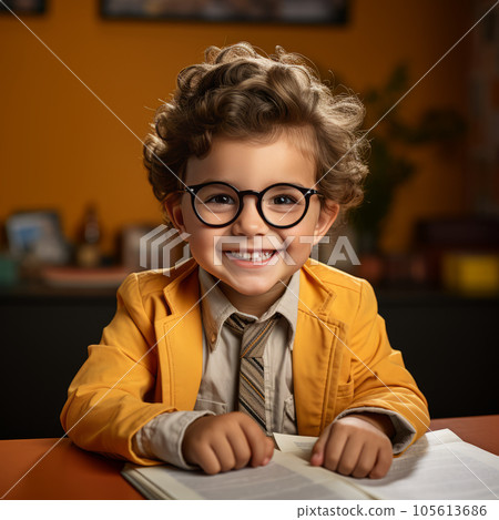 Portrait of smiling schoolboy sitting at table at home with books. Happy smart preschool boy studying at home, many books on background. Study and education concept. Portrait of smiling schoolboy sitting at table at home with books. Happy smart preschool boy studying at home, many books on background. Study and education concept. 105613686