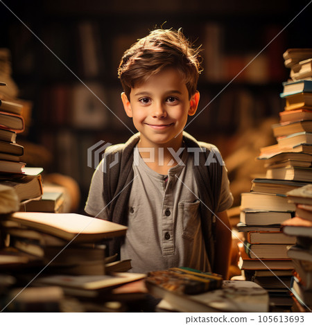 Portrait of a smiling schoolboy at home among many books with back lighting on background. Happy smart preschool boy and stacks of books on background. Study and education concept. Portrait of a smiling schoolboy at home among many books with back lighting on background. Happy smart preschool boy and stacks of books on background. Study and education concept. 105613693