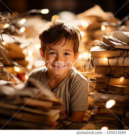 Portrait of a smiling schoolboy at home among many books with back lighting on background. Happy smart preschool boy and stacks of books on background. Study and education concept. Portrait of a smiling schoolboy at home among many books with back lighting on background. Happy smart preschool boy and stacks of books on background. Study and education concept. 105613694