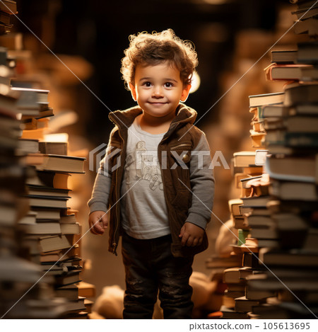 Portrait of a smiling schoolboy at home among many books with back lighting on background. Happy smart preschool boy and stacks of books on background. Study and education concept. Portrait of a smiling schoolboy at home among many books with back lighting on background. Happy smart preschool boy and stacks of books on background. Study and education concept. 105613695