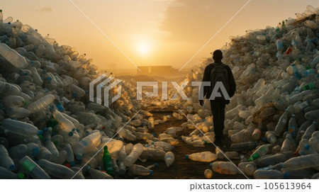 Silhouette of an African man walking through a landfill of used dirty plastic bottles during sunset. Young adult male standing in piles of trash. Plastic pollution concept. Man walking in waste. 105613964